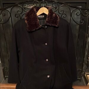Jofeld Vintage Black 80% Wool Maxi Coat with Animal Print Fur Collar.